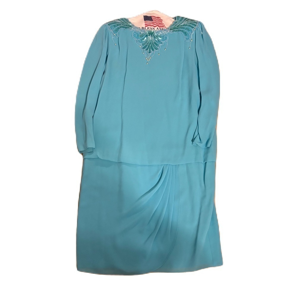 Vintage Ursula of Switzerland Elegant Blue Women's Dress Sz 14 Beaded Tear Drop